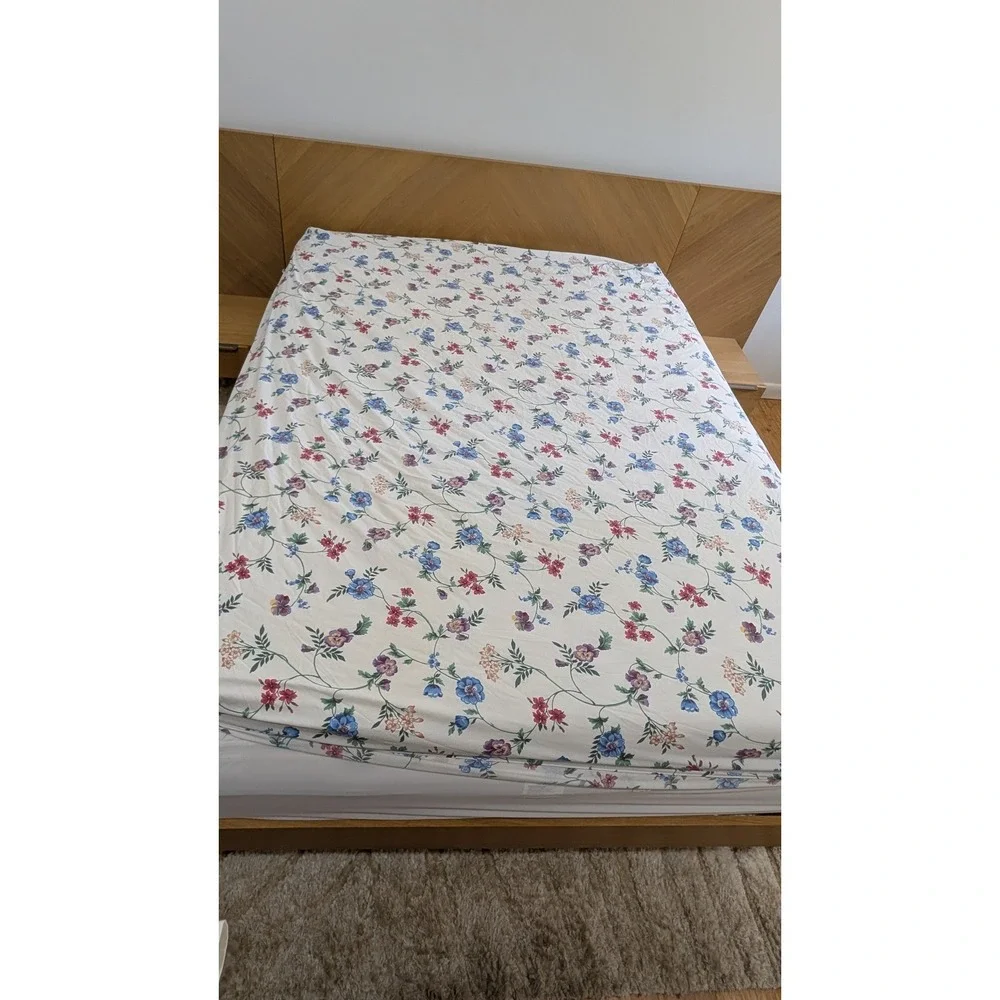 Vintage Cannon Floral Sheet Set Full Double White Blue Pink Wildflower USA Made